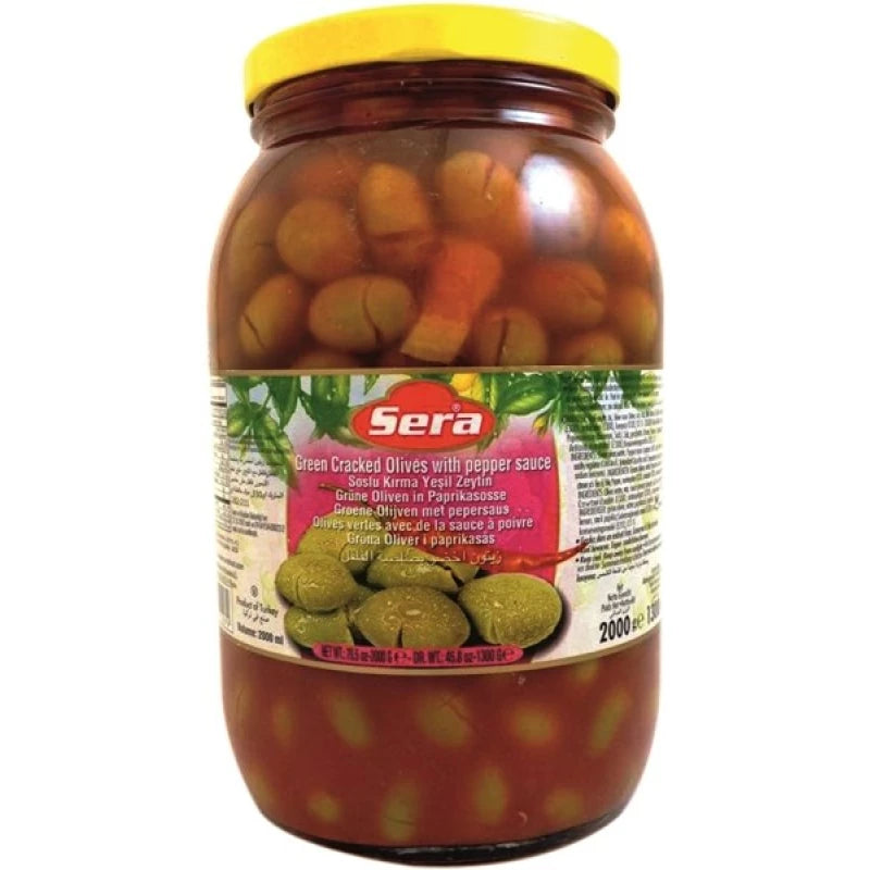 Sera Nablus Green Cracked Olives With Hot Pepper Sauce (2000g). - Papaya Express