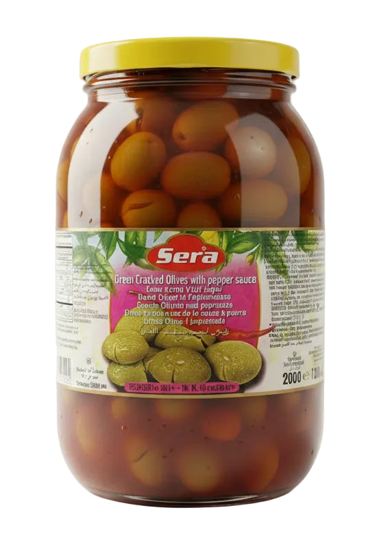 Sera Nablus Green Cracked Olives With Hot Pepper Sauce (2000g). - Papaya Express