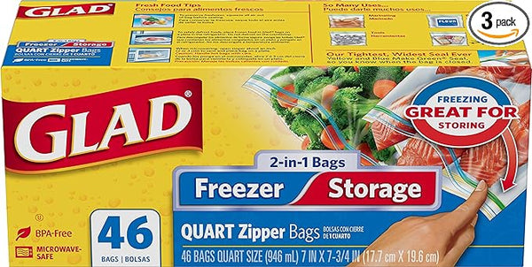 Glad Zipper Food Storage and Freezer 2 in 1 Plastic Bags - Quart - 46 Count - Papaya Express